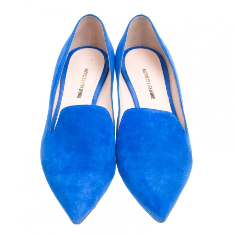 Pre Owned Nicholas Kirkwood Blue Suede Casati Faux Pearl Heel Pointed Toe Loafers Size 39