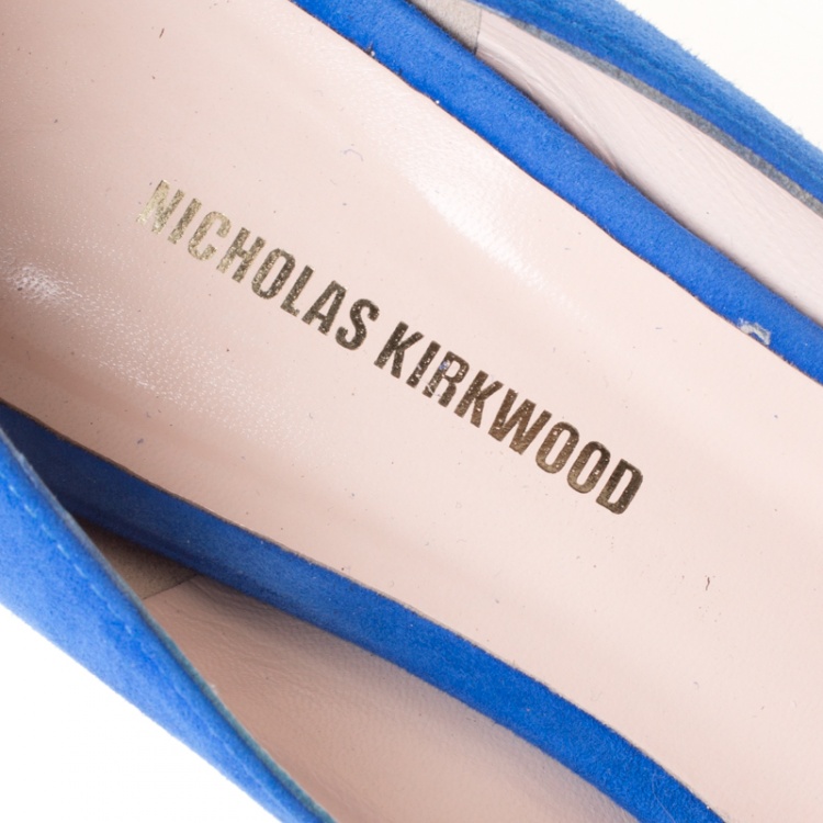 Pre Owned Nicholas Kirkwood Blue Suede Casati Faux Pearl Heel Pointed Toe Loafers Size 39