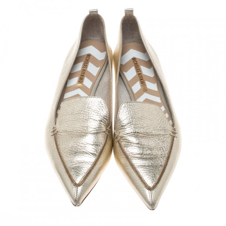 Pre Owned Nicholas Kirkwood Gold Textured Leather Beya Pointed Toe Loafers Size 39