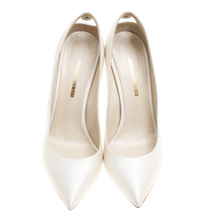 Pre Owned Nicholas Kirkwood White Satin Pearl Detail Pumps Size 38