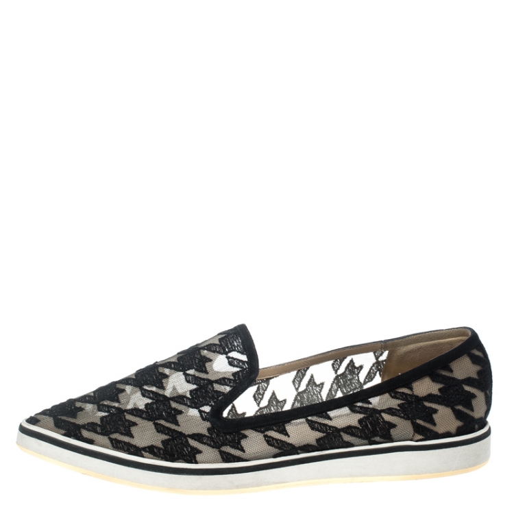 Pre Owned Nicholas Kirkwood Black Mesh and Fabric Alona Houndstooth Emroidered Pointed Toe Loafers Size 40