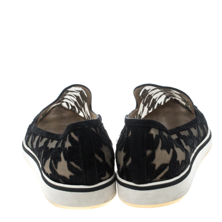 Pre Owned Nicholas Kirkwood Black Mesh and Fabric Alona Houndstooth Emroidered Pointed Toe Loafers Size 40