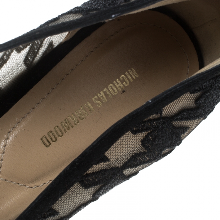 Pre Owned Nicholas Kirkwood Black Mesh and Fabric Alona Houndstooth Emroidered Pointed Toe Loafers Size 40