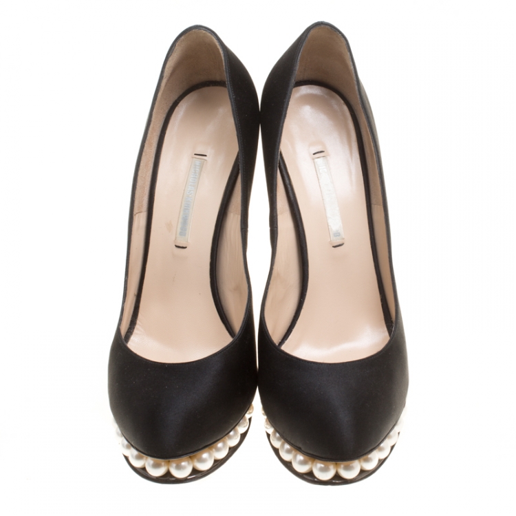 Pre Owned Nicholas Kirkwood Black Satin Casati Faux Pearl Platform Pumps Size 37.5