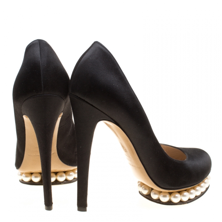 Pre Owned Nicholas Kirkwood Black Satin Casati Faux Pearl Platform Pumps Size 37.5