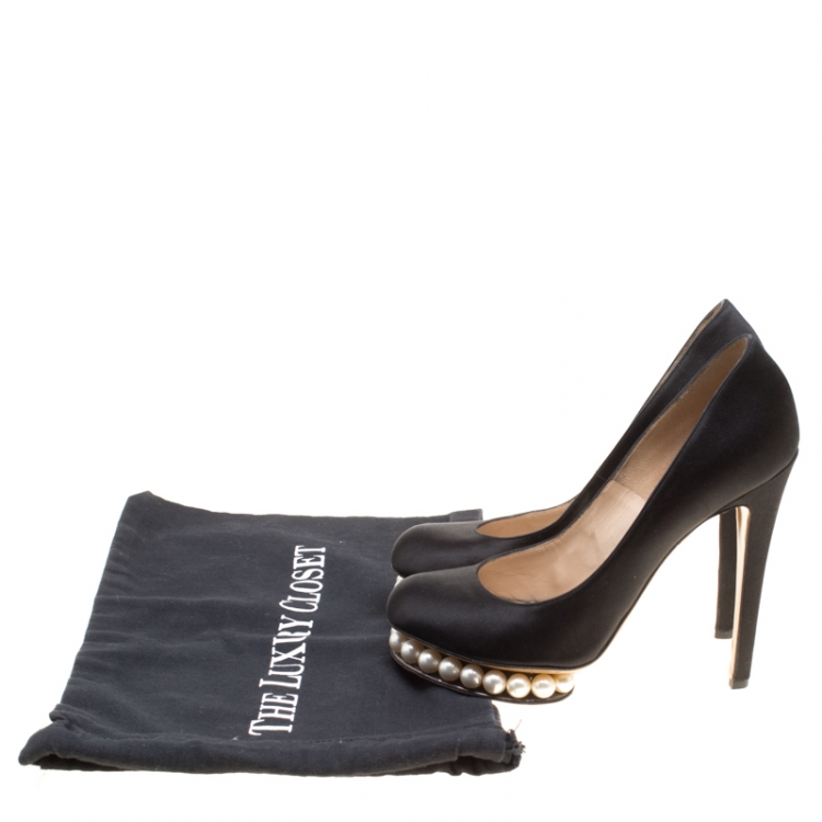 Pre Owned Nicholas Kirkwood Black Satin Casati Faux Pearl Platform Pumps Size 37.5