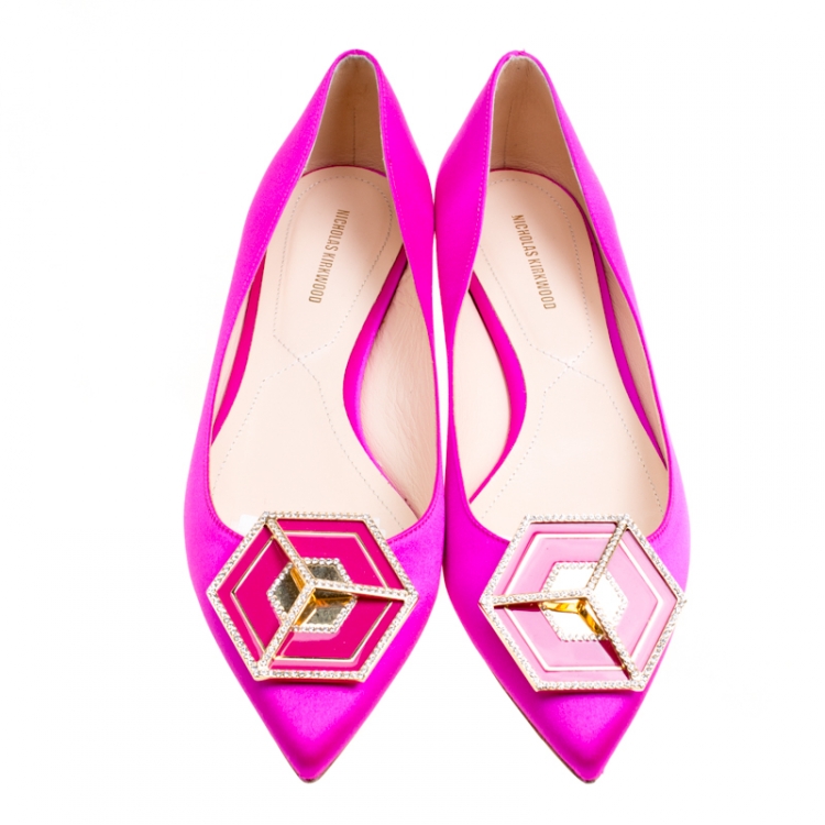 Pre Owned Nicholas Kirkwood Pink Satin Eden Crystal Embellished Pointed Toe Flats Size 40