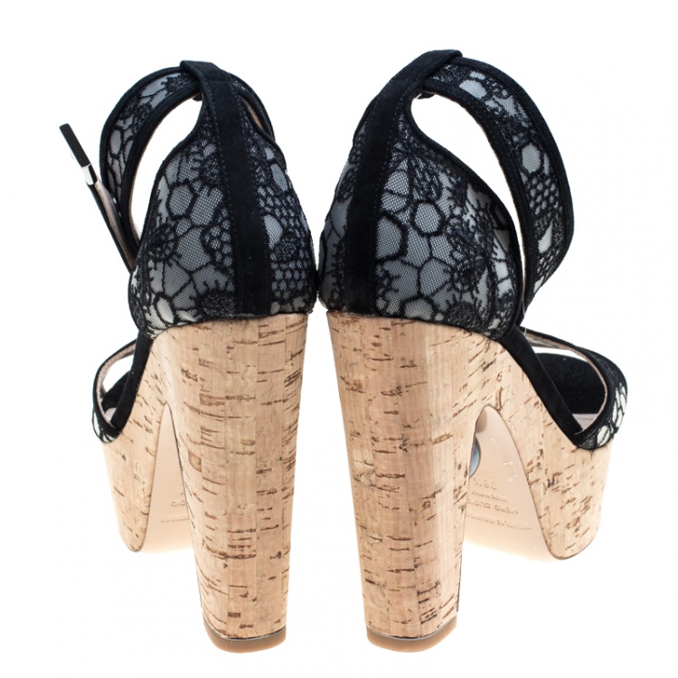 Pre Owned Nicholas Kirkwood Black Lace Maya Pearl Platform Ankle Strap Sandals Size 38.5