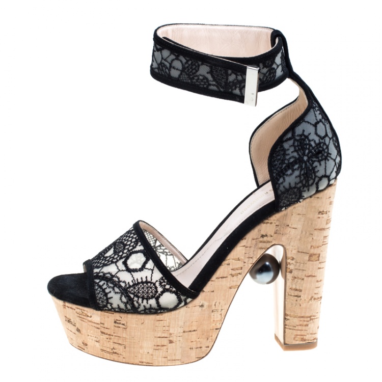 Pre Owned Nicholas Kirkwood Black Lace Maya Pearl Platform Ankle Strap Sandals Size 38.5