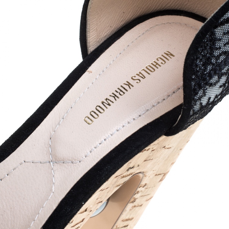 Pre Owned Nicholas Kirkwood Black Lace Maya Pearl Platform Ankle Strap Sandals Size 38.5
