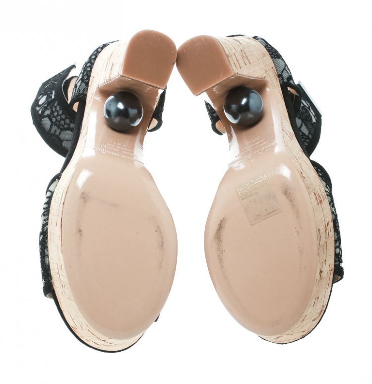 Pre Owned Nicholas Kirkwood Black Lace Maya Pearl Platform Ankle Strap Sandals Size 35.5