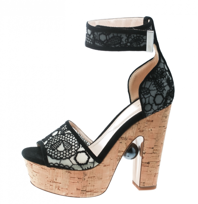 Pre Owned Nicholas Kirkwood Black Lace Maya Pearl Platform Ankle Strap Sandals Size 35.5