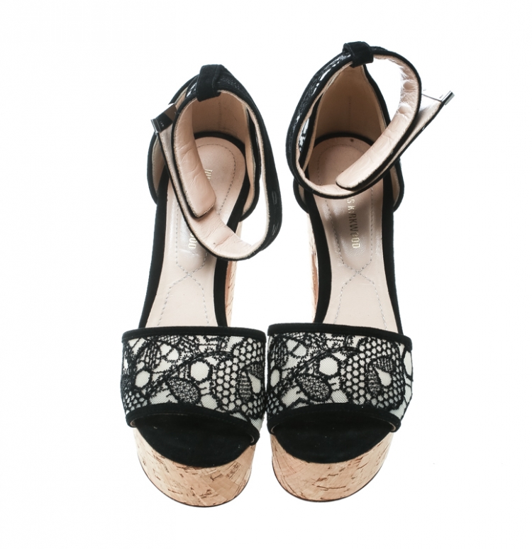 Pre Owned Nicholas Kirkwood Black Lace Maya Pearl Platform Ankle Strap Sandals Size 35.5