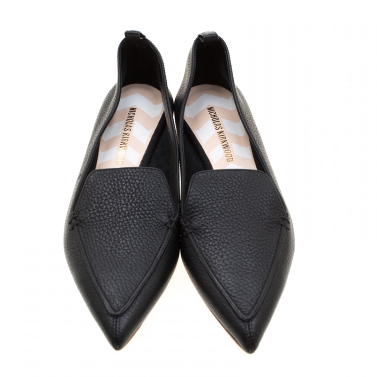 Pre Owned Nicholas Kirkwood Black Textured Leather Beya Pointed Toe Flats Size 38