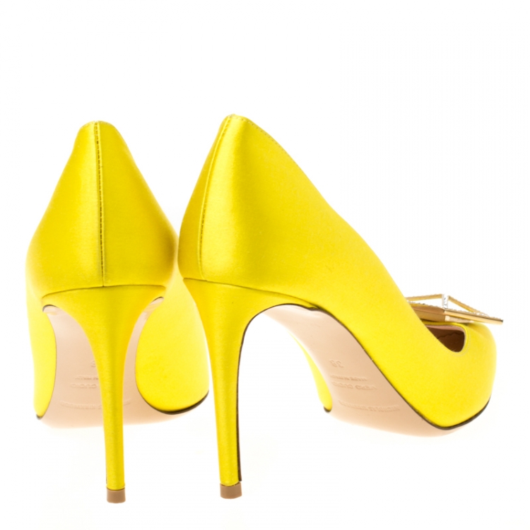 Pre Owned Nicholas Kirkwood Canary Yellow Satin Eden Jeweled Pointed Toe Pumps Size 38