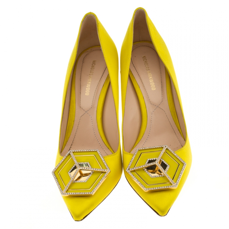 Pre Owned Nicholas Kirkwood Canary Yellow Satin Eden Jeweled Pointed Toe Pumps Size 38