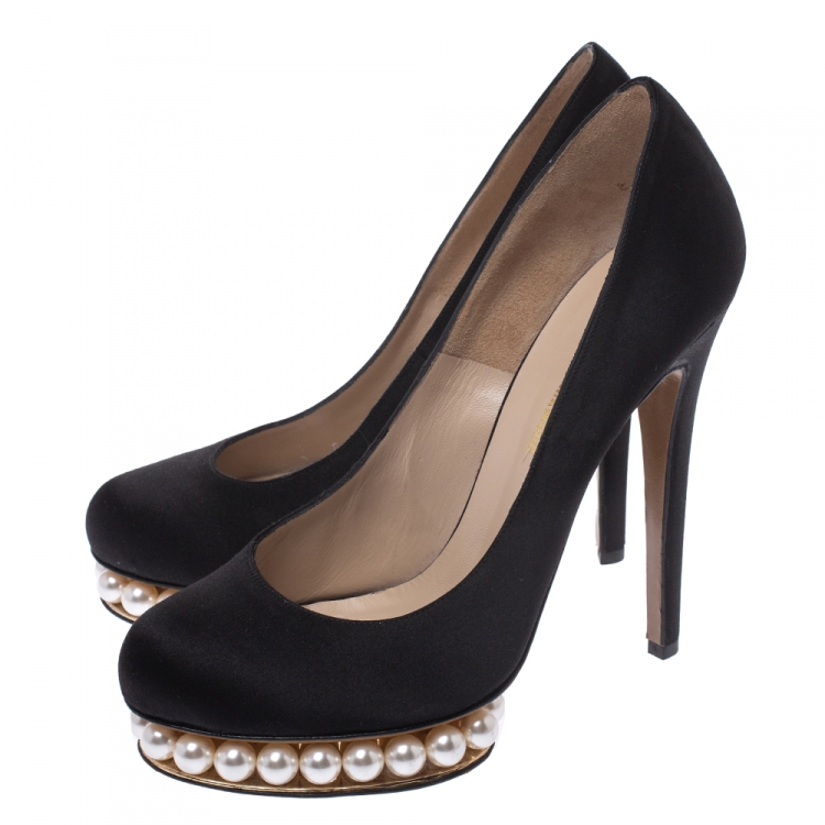 Pre Owned Nicholas Kirkwood Black Satin And Faux Pearl Embellished Platform Pumps Size 38