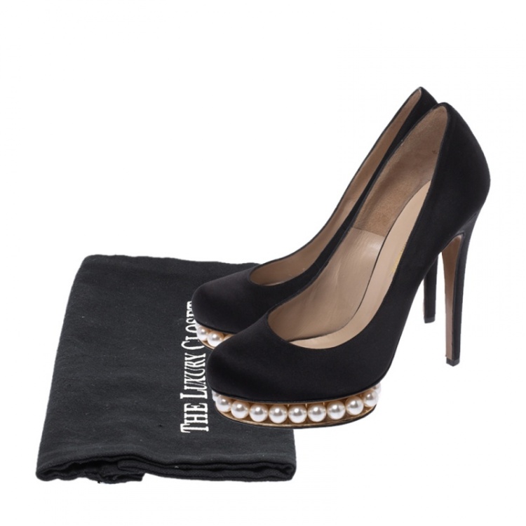 Pre Owned Nicholas Kirkwood Black Satin And Faux Pearl Embellished Platform Pumps Size 38
