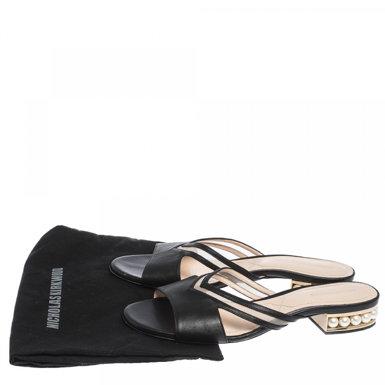Pre Owned Nicholas Kirkwood Black Mesh and Leather Pearl Embellished Flat Slides Size 41 
