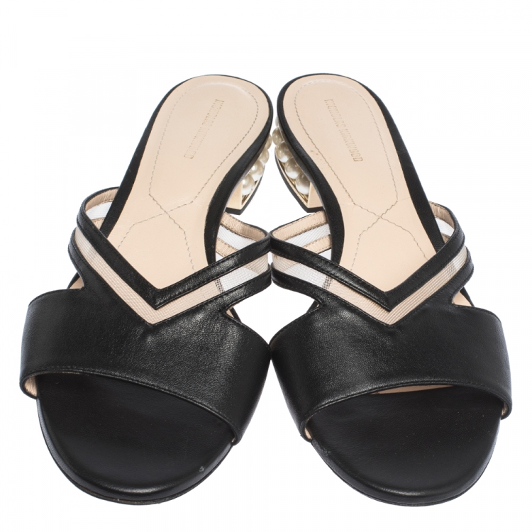 Pre Owned Nicholas Kirkwood Black Mesh and Leather Pearl Embellished Flat Slides Size 41 