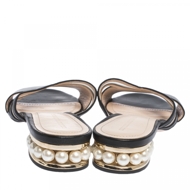Pre Owned Nicholas Kirkwood Black Mesh and Leather Pearl Embellished Flat Slides Size 41 