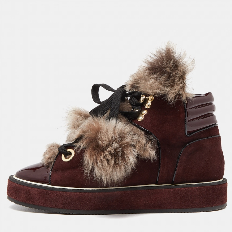 Pre Owned Nicholas Kirkwood Burgundy Suede and Patent Leather Fur High Top Sneakers  Size 39