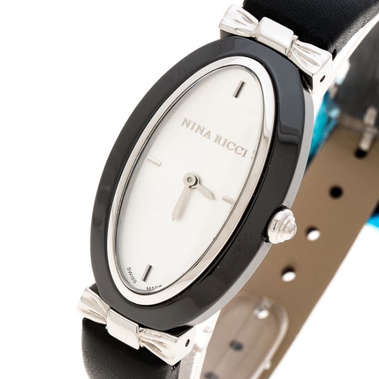 مملوكة مسبقًا Nina Ricci White Stainless Steel Black Ceramic Oval NO61010SM Women's Wristwatch 24 mm
