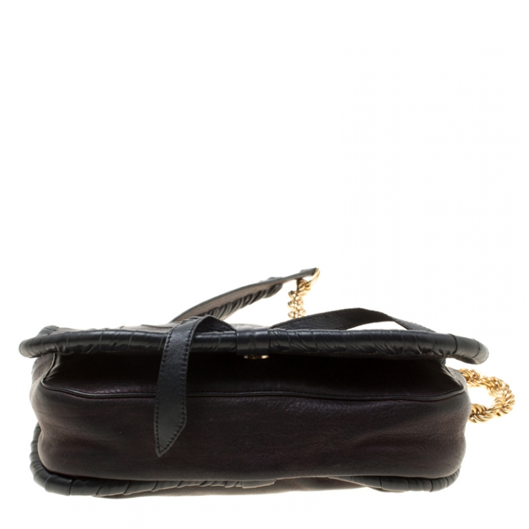 Pre Owned Nina Ricci Metallic Black Leather Flap Shoulder Bag