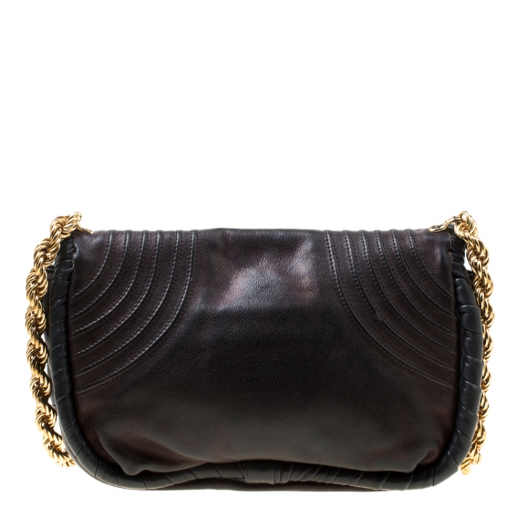 Pre Owned Nina Ricci Metallic Black Leather Flap Shoulder Bag