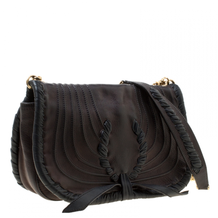 Pre Owned Nina Ricci Metallic Black Leather Flap Shoulder Bag