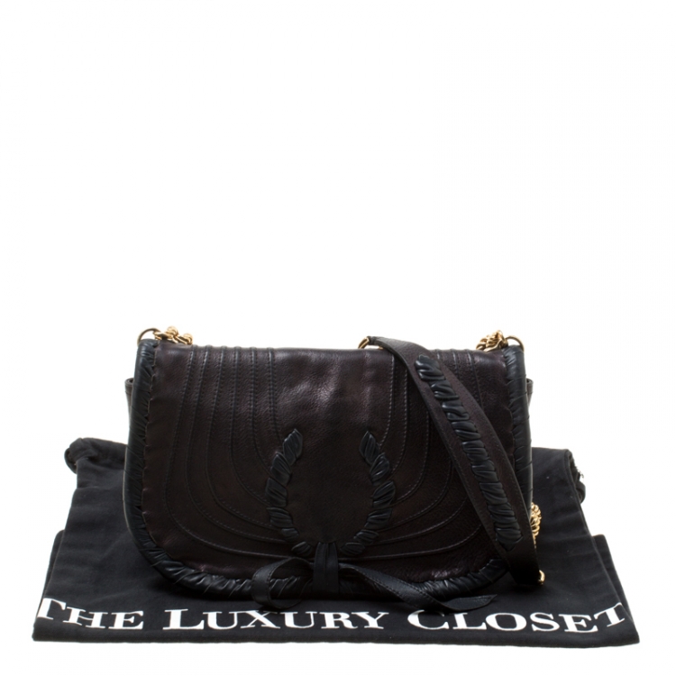 Pre Owned Nina Ricci Metallic Black Leather Flap Shoulder Bag
