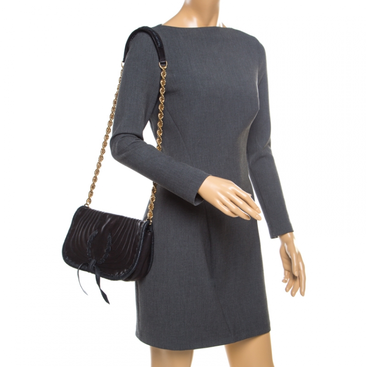 Pre Owned Nina Ricci Metallic Black Leather Flap Shoulder Bag