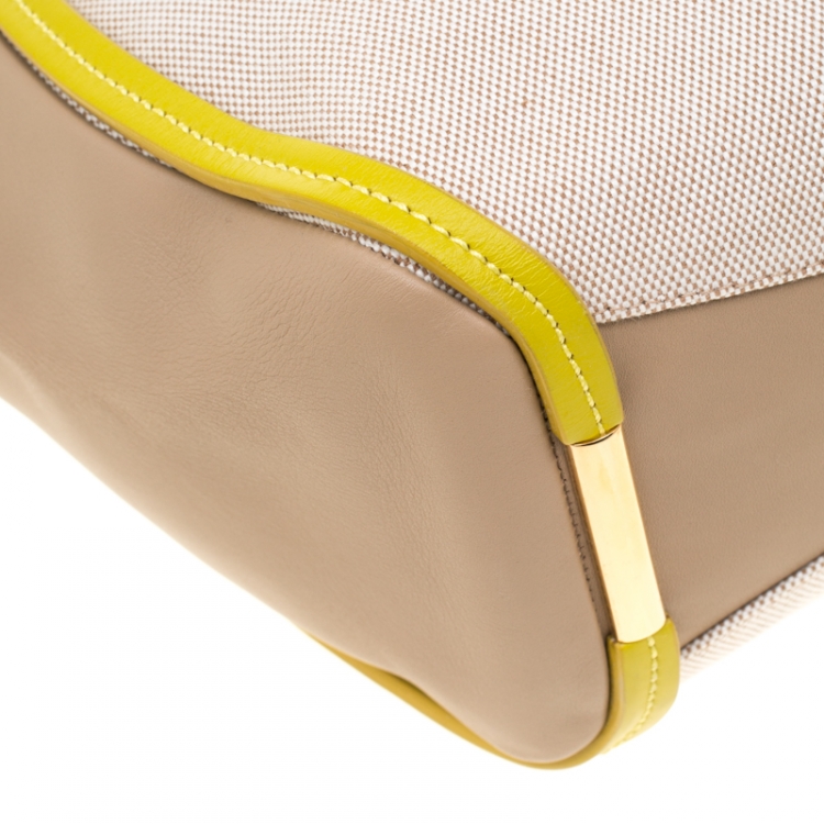 Pre Owned Nina Ricci Beige/Green Leather and Canvas Shopper Tote 