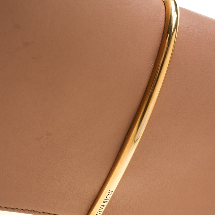 Pre Owned Nina Ricci Dark Beige Leather Arc Clutch