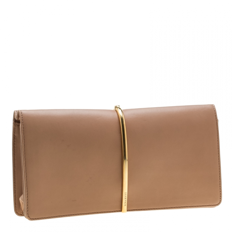 Pre Owned Nina Ricci Dark Beige Leather Arc Clutch