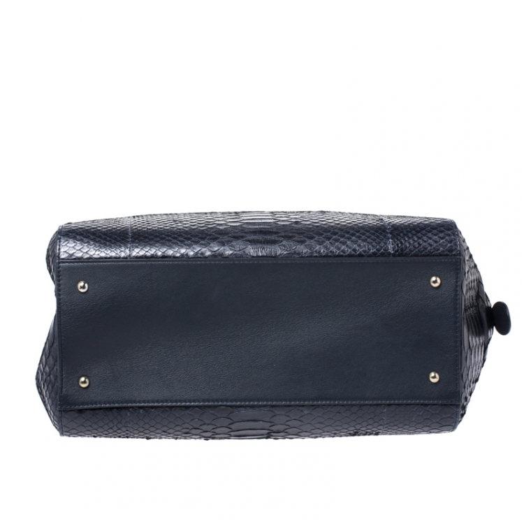 Pre Owned Nina Ricci Navy Blue Python Boston Bag