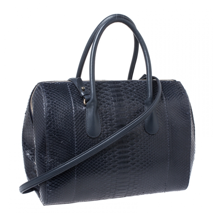 Pre Owned Nina Ricci Navy Blue Python Boston Bag
