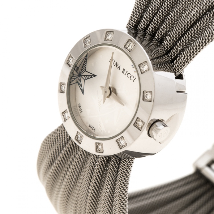 Pre Owned Nina Ricci Silver White Stainless Steel and Diamonds N021.12 Women's Wristwatch 20 mm