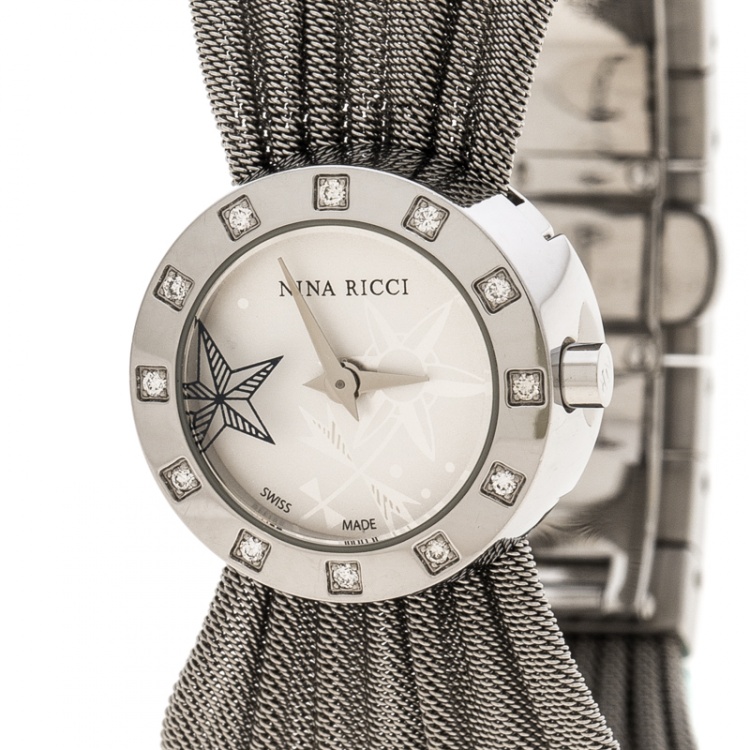 Pre Owned Nina Ricci Silver White Stainless Steel and Diamonds N021.12 Women's Wristwatch 20 mm