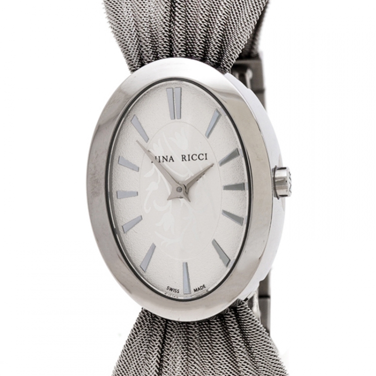 Pre Owned Nina Ricci Silver Pleated Mesh Stainless Steel N035.13 Women's Wristwatch 25 mm