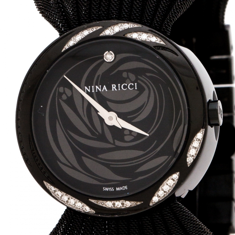 Pre Owned Nina Ricci Black PVD Coated Stainless Steel Diamonds N021.94 Women's Wristwatch 31 mm