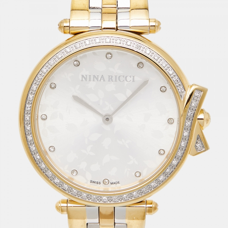 Pre Owned Nina Ricci Silver Two-Tone Stainless Steel Diamond Classic N081024SM Women's Wristwatch 36 mm