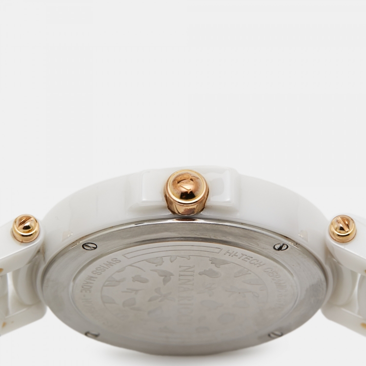 Pre Owned Nina Ricci Silver Diamond Ceramic Two-Tone Stainless Steel NO68007SM Women's Wristwatch 38 mm 