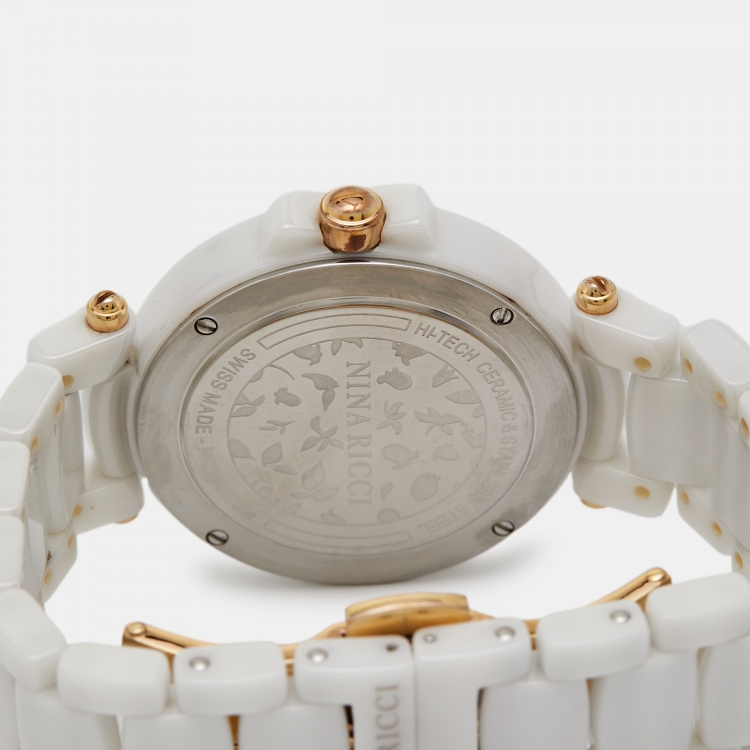 Pre Owned Nina Ricci Silver Diamond Ceramic Two-Tone Stainless Steel NO68007SM Women's Wristwatch 38 mm 