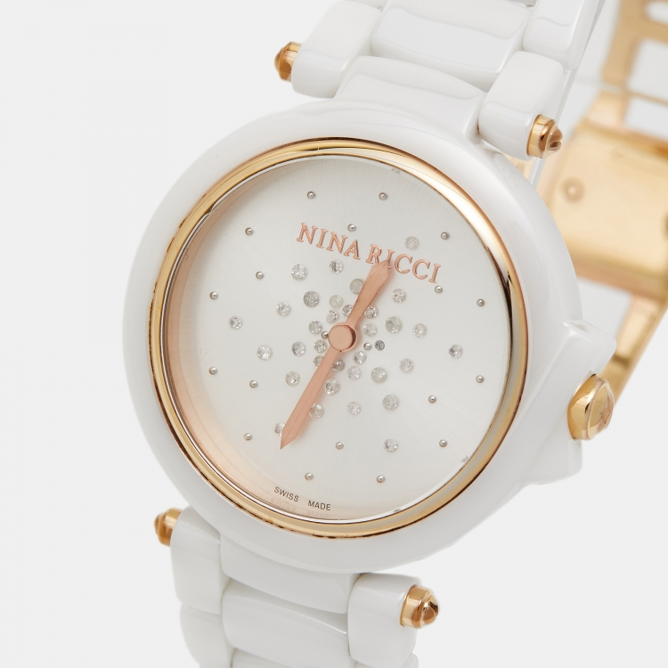 Pre Owned Nina Ricci Silver Diamond Ceramic Two-Tone Stainless Steel NO68007SM Women's Wristwatch 38 mm 