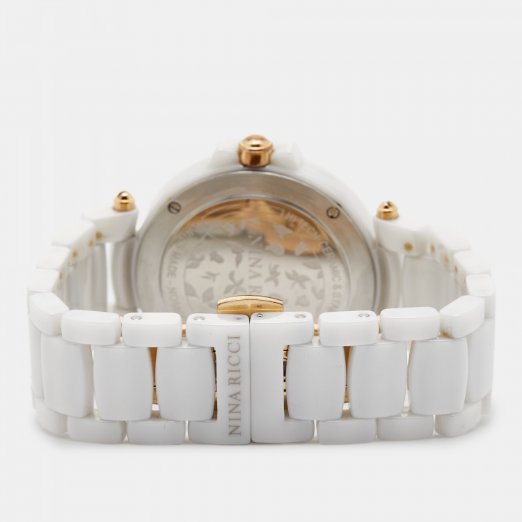 Pre Owned Nina Ricci Silver Diamond Ceramic Two-Tone Stainless Steel NO68007SM Women's Wristwatch 38 mm 