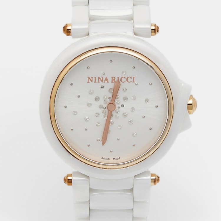 Pre Owned Nina Ricci Silver Diamond Ceramic Two-Tone Stainless Steel NO68007SM Women's Wristwatch 38 mm 