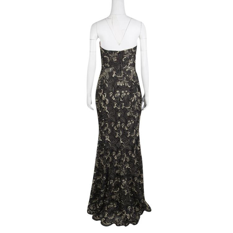 Pre Owned Notte By Marchesa Black Sequined Metallic Floral Lace Strapless Gown M