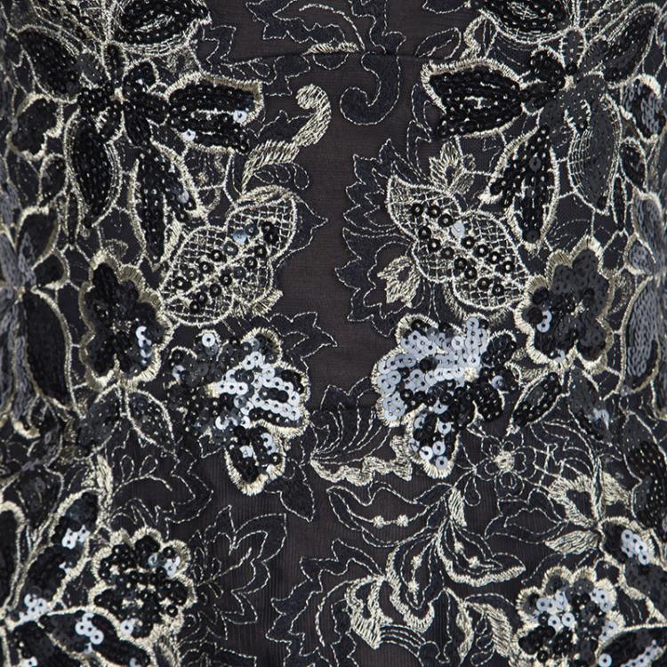 Pre Owned Notte By Marchesa Black Sequined Metallic Floral Lace Strapless Gown M