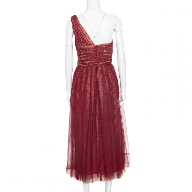 Pre Owned Notte by Marchesa Burgundy Embellished Pleated Tulle Overlay One Shoulder Dress M
